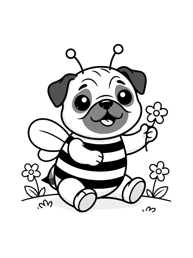 Cute Pug Dressed As A Little Bumblebee For A Spring Garden Festival Coloring Page