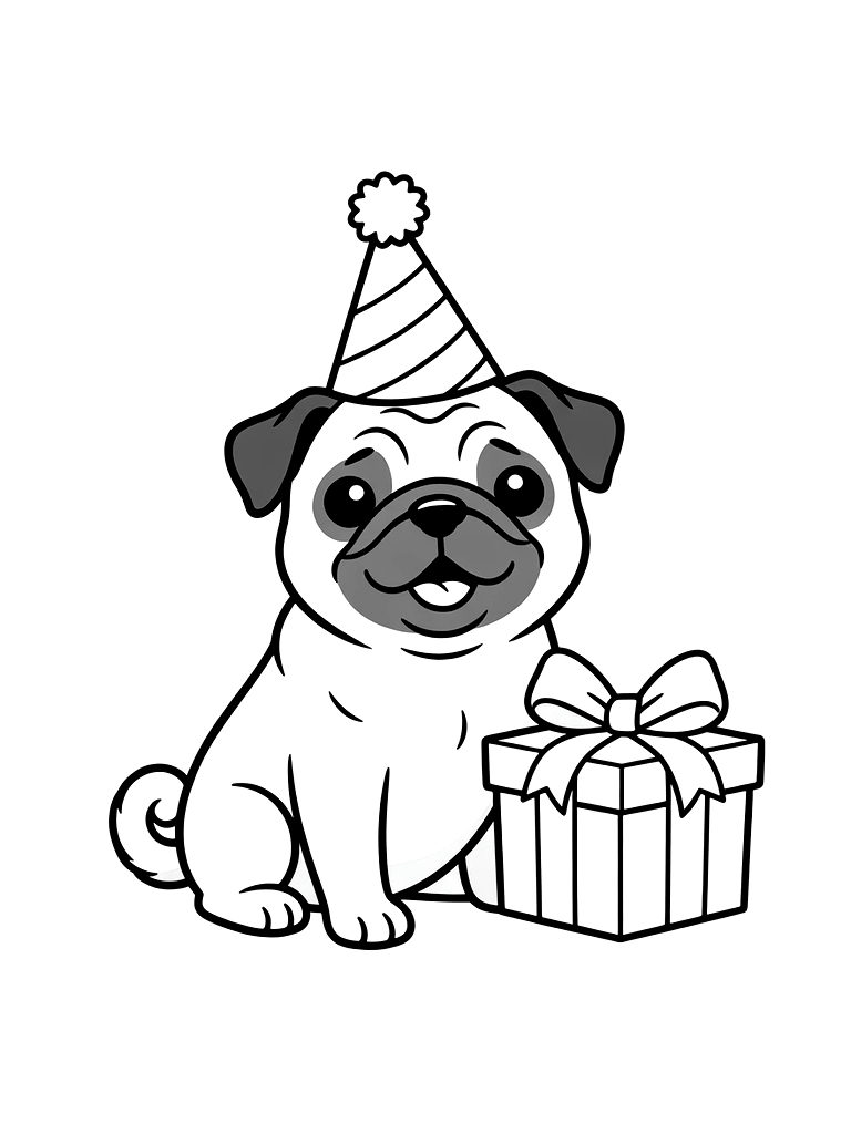 Cute Pug Wearing A Birthday Hat And Sitting Next To A Gift Coloring Page