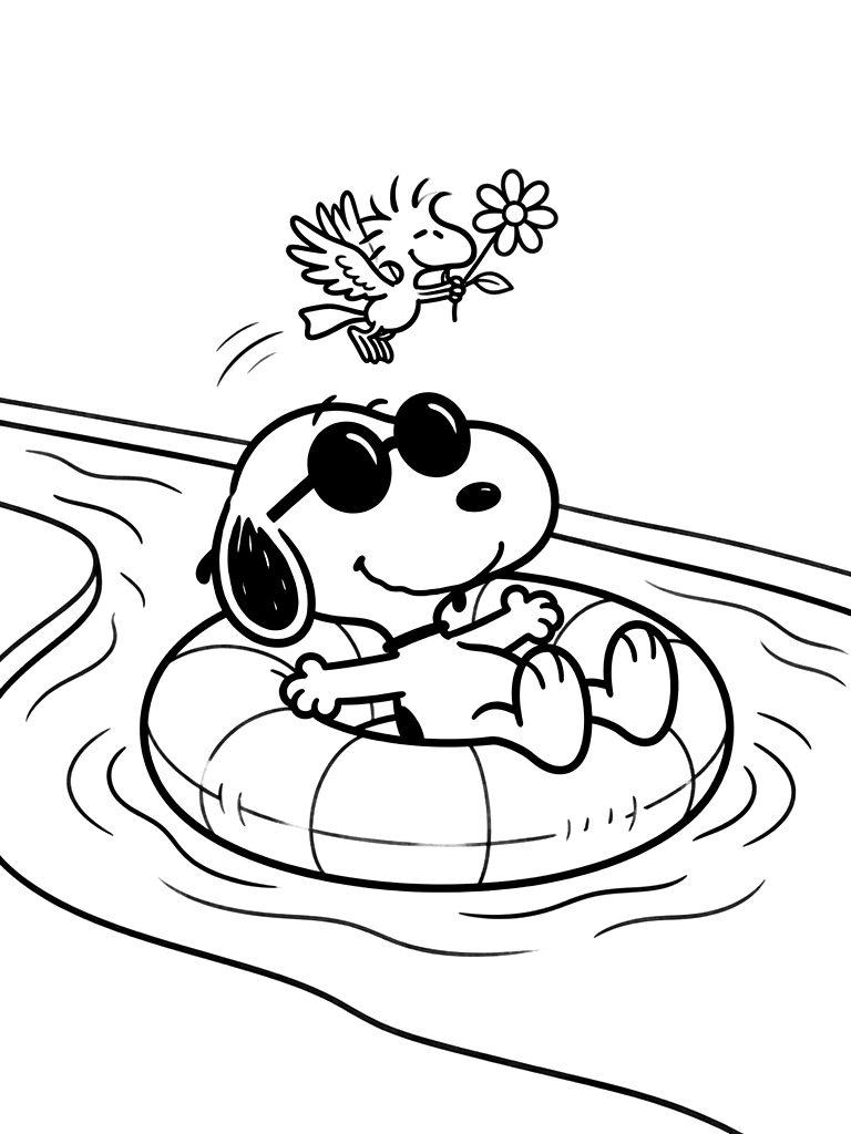 Cute Snoopy Floating Down A Lazy River On A Giant Inner Tube Wearing Round Sunglasses With Woodstock Flying Overhead Carrying A Flower Coloring Page