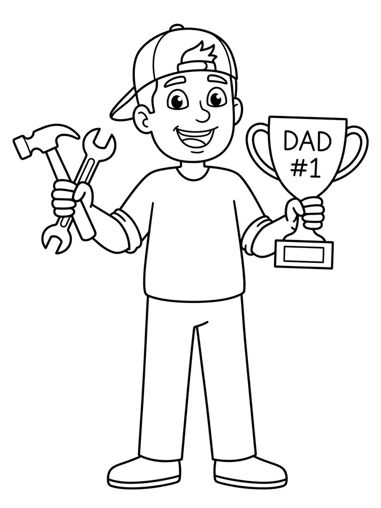 Dad Holding Tools And Trophy For Father's Day Coloring Page