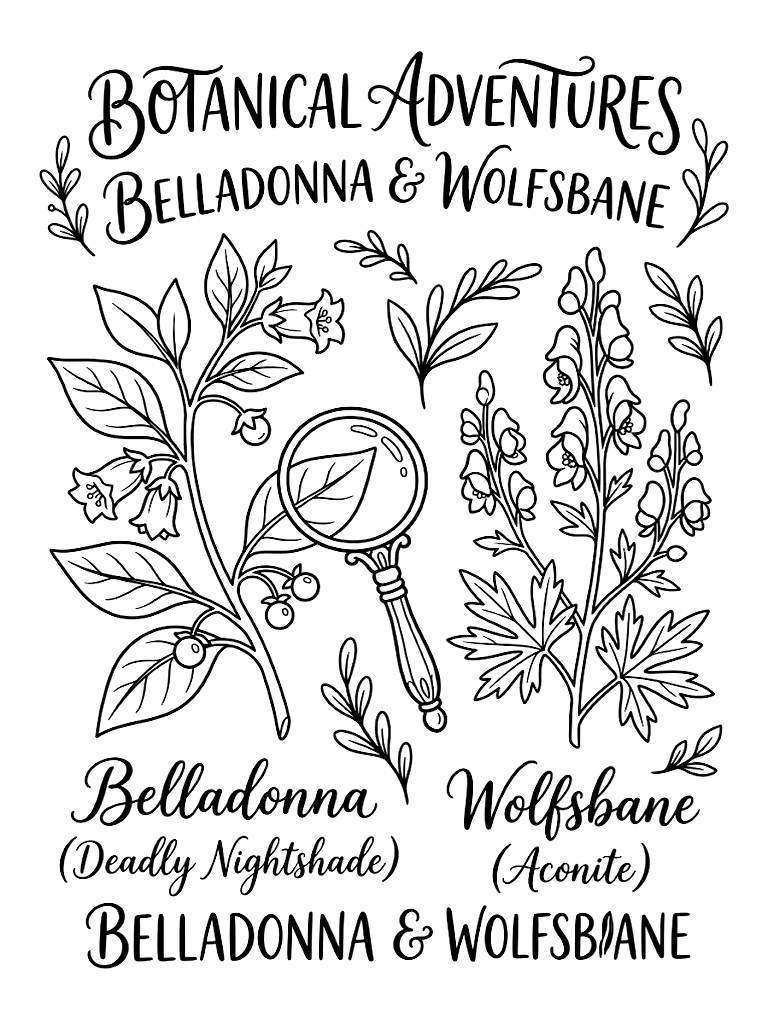 Dark Academia Style Botanical Illustration Of Belladonna And Wolfsbane With Elegant Calligraphy And An Antique Magnifying Glass Coloring Page