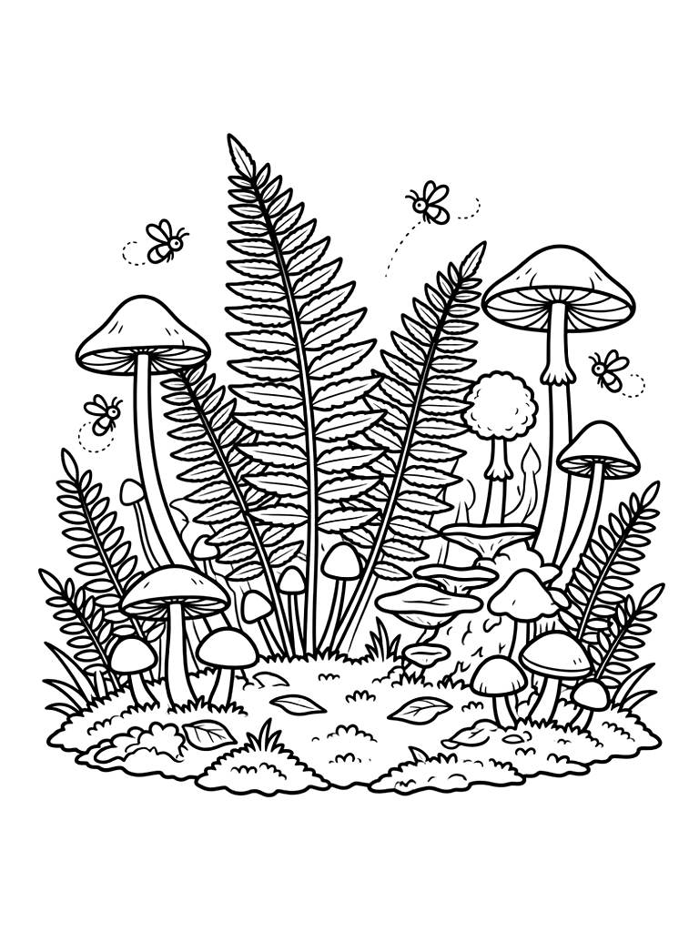 Dark Forest Floor With Tall Ferns And Glowing Bioluminescent Mushrooms At Night Coloring Page
