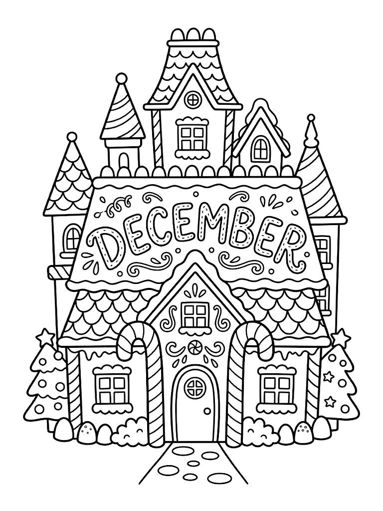 December Lettering Styled Out Of Piped Royal Icing Decorating An Elaborate Gingerbread Mansion With Candy Cane Pillars coloring page — free printable for kids and adults