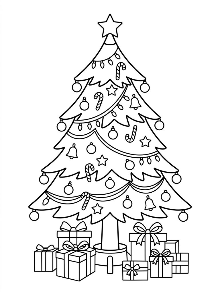 Decorated Christmas Tree With Colorful Ornaments And Gifts Coloring Page