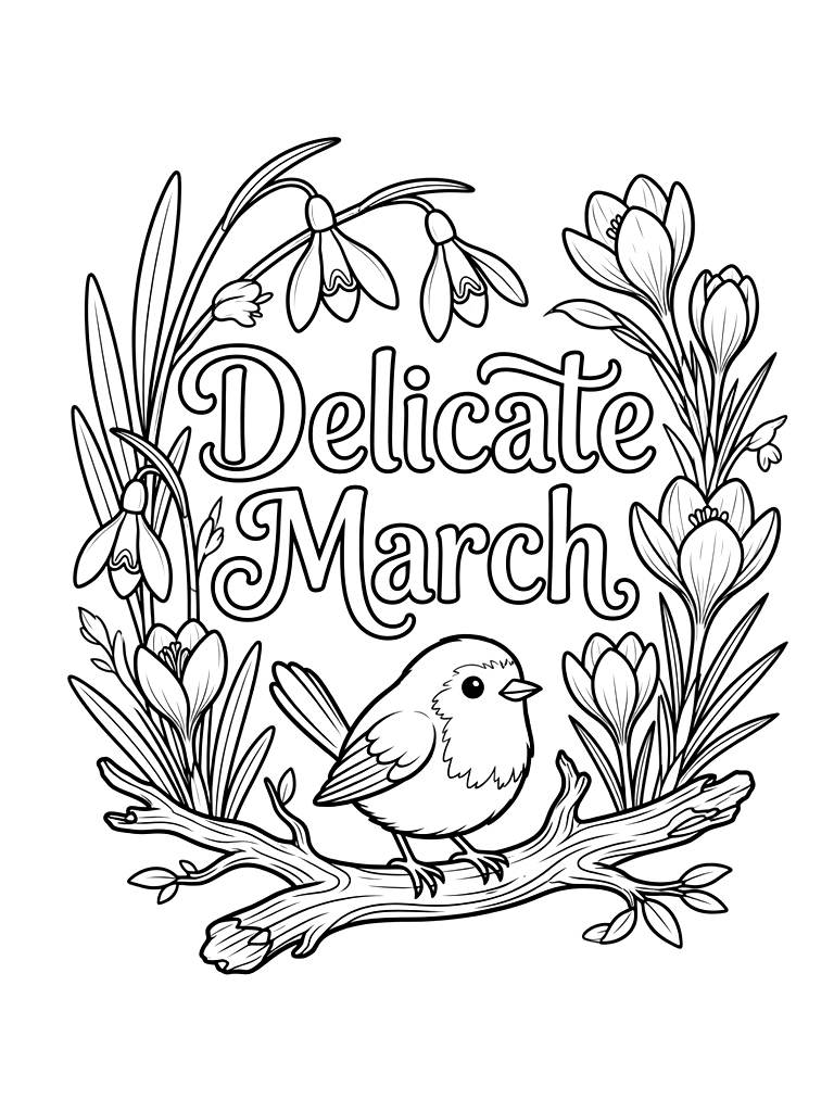 Delicate March Typography Surrounded By Blooming White Snowdrops Coloring Page