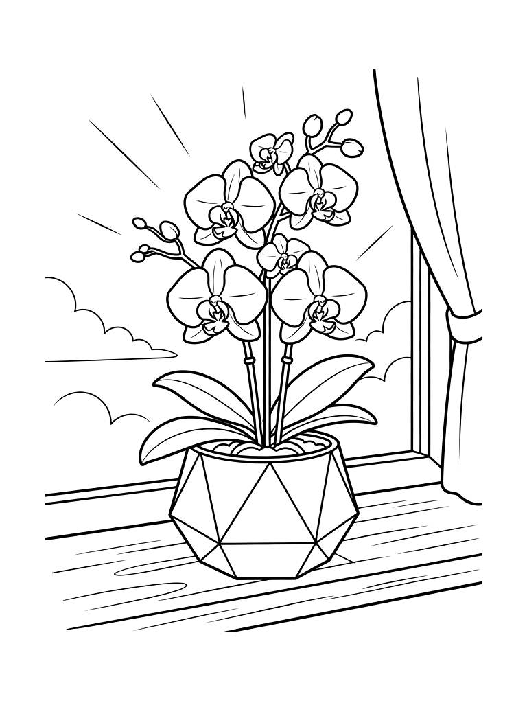 Delicate White Phalaenopsis Orchids In A Geometric Copper Planter On A Sunlit Windowsill Coloring Page — free printable for kids and adults