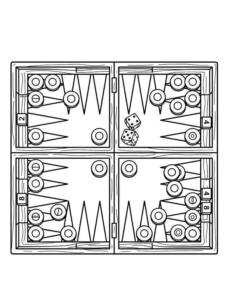 Detailed Backgammon Board With The Checkers And Dice In Mid-play Coloring Page