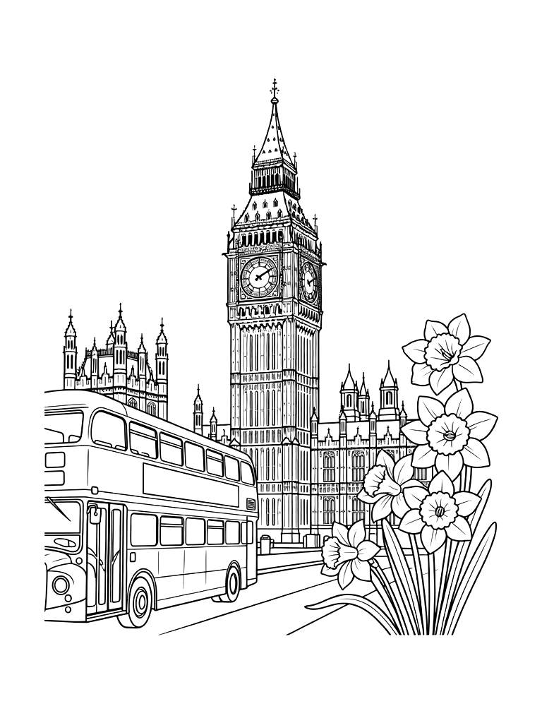 Detailed Big Ben And The Houses Of Parliament Framed By A Red Double-decker Bus And Spring Daffodils Coloring Page