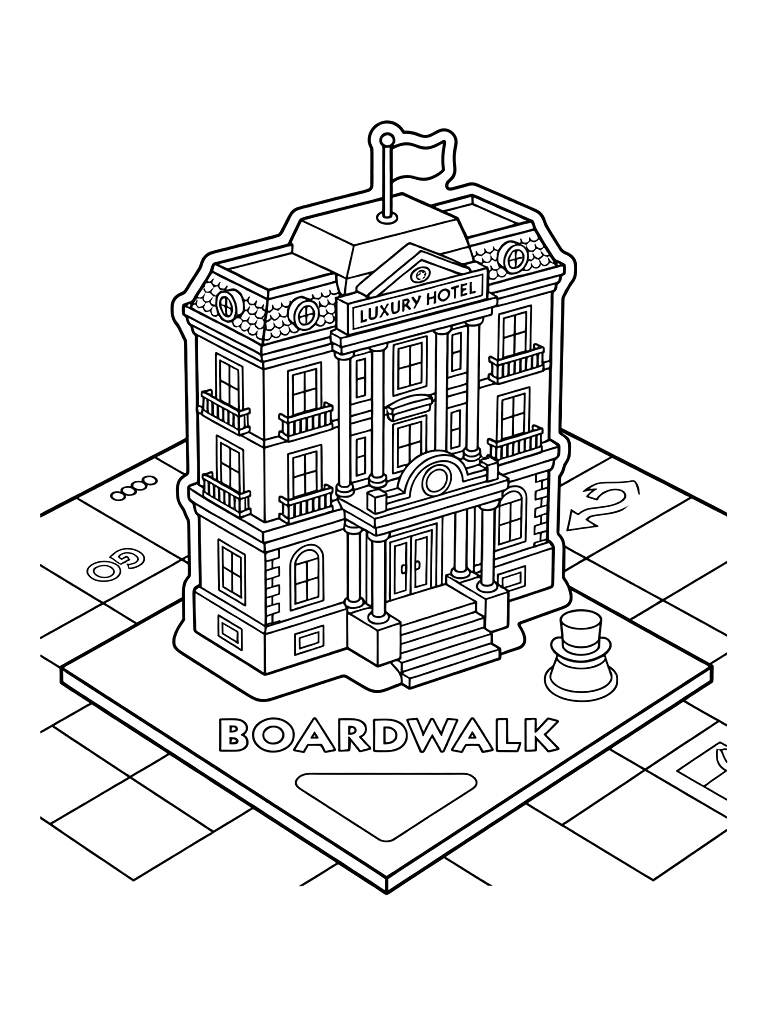 Detailed Board Game Scene Focused On A Luxury Hotel Piece On A Boardwalk Square Coloring Page
