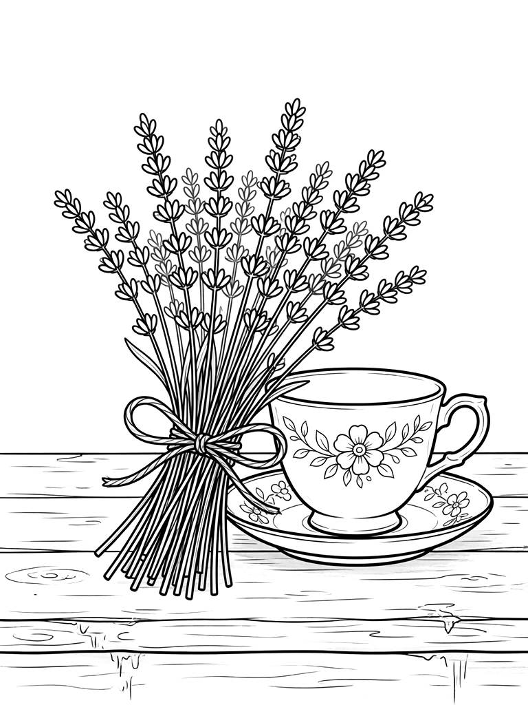 Detailed Bundle Of Fresh Lavender Tied With A Rustic Twine Bow Lying Next To A Vintage Teacup On A Distressed Wooden Table coloring page — free printable for kids and adults