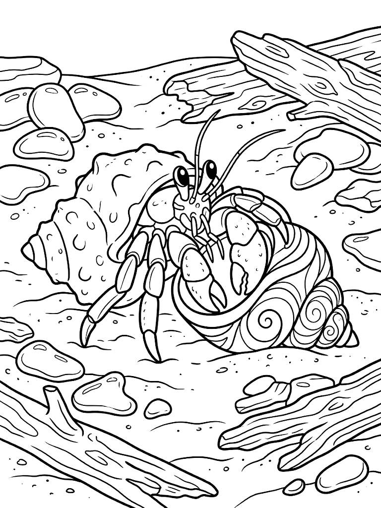 Detailed Close-Up Of A Curious Hermit Crab Changing Shells On A Sandy Beach Surrounded By Smooth Sea Glass And Driftwood coloring page — free printable for kids and adults