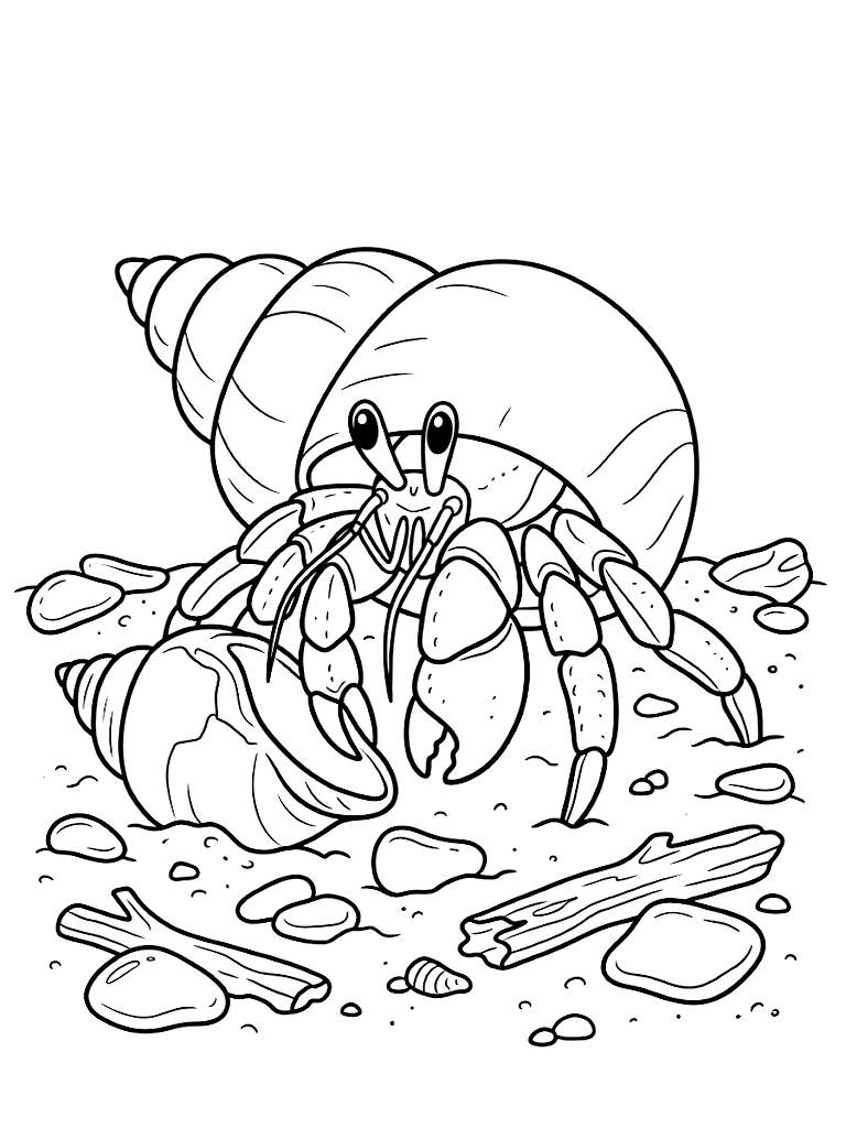 Detailed Close-Up Of A Curious Hermit Crab Changing Shells On A Sandy Beach Surrounded By Smooth Sea Glass And Driftwood coloring page — free printable for kids and adults