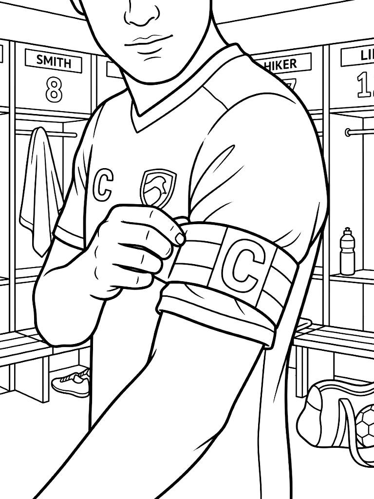 Detailed Close-Up Of A Soccer Team Captain Tightly Wrapping An Armband Around Their Jersey Sleeve Inside A Professional Locker Room Coloring Page