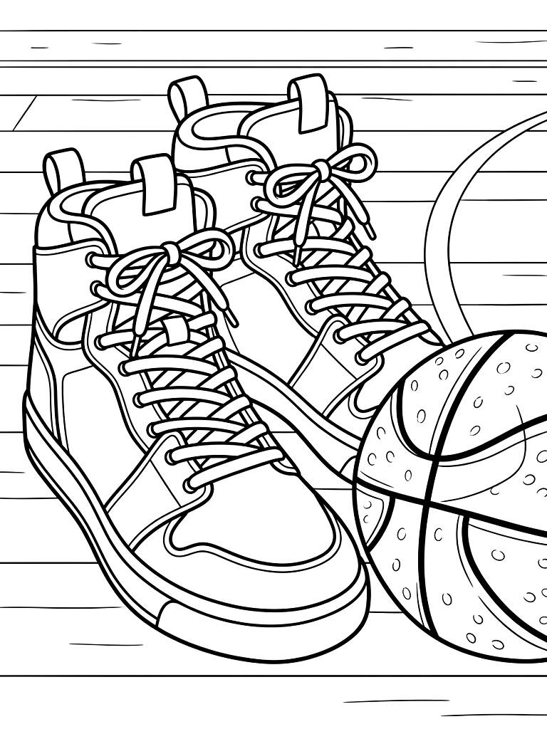 Detailed Close-Up Of Trendy High-Top Basketball Sneakers Laced Up Tightly On A Shiny Hardwood Court Next To A Textured Basketball Coloring Page