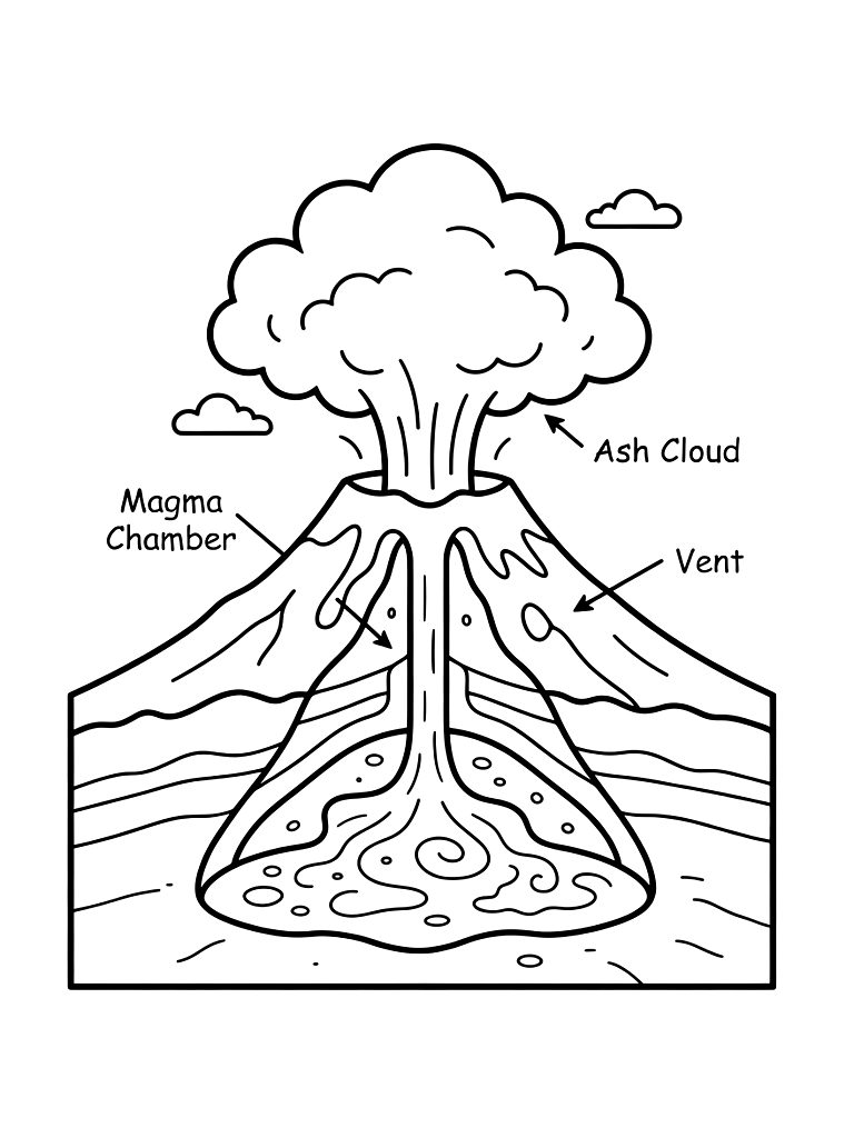 Detailed Diagram Of A Volcanic Eruption Showing The Magma Chamber Coloring Page