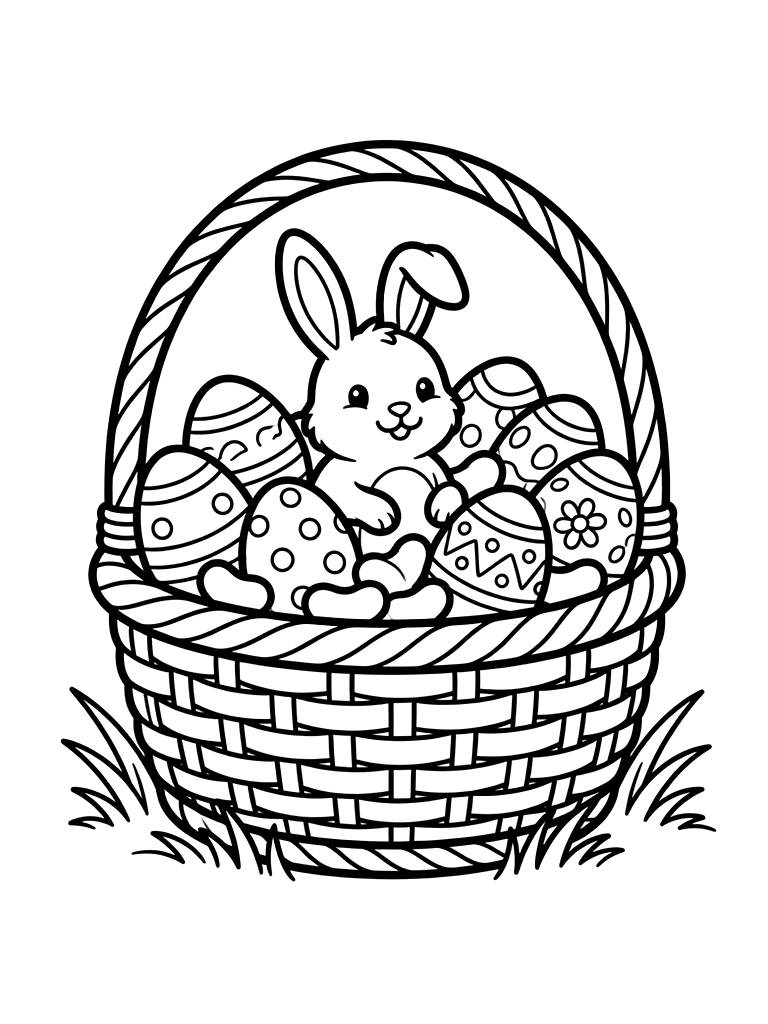 Detailed Easter Basket With A Chocolate Bunny Coloring Page
