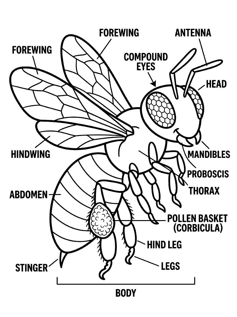 Detailed Educational Diagram Of A Worker Honeybee Displaying Its Intricate Wing Structure Pollen Baskets And Compound Eyes coloring page — free printable for kids and adults