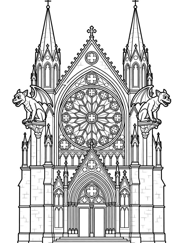 Detailed Facade Of A Gothic Cathedral Featuring Towering Spires coloring page — free printable for kids and adults