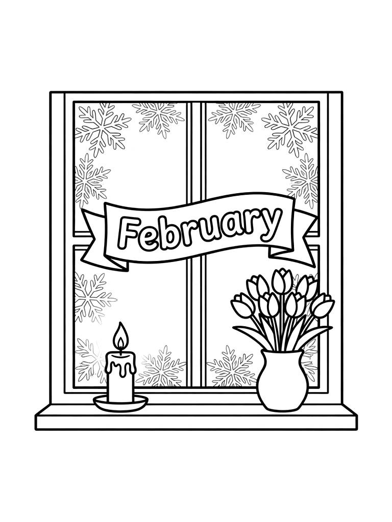 Detailed February Banner Framed By Intricate Frost Patterns On A Window Pane Coloring Page