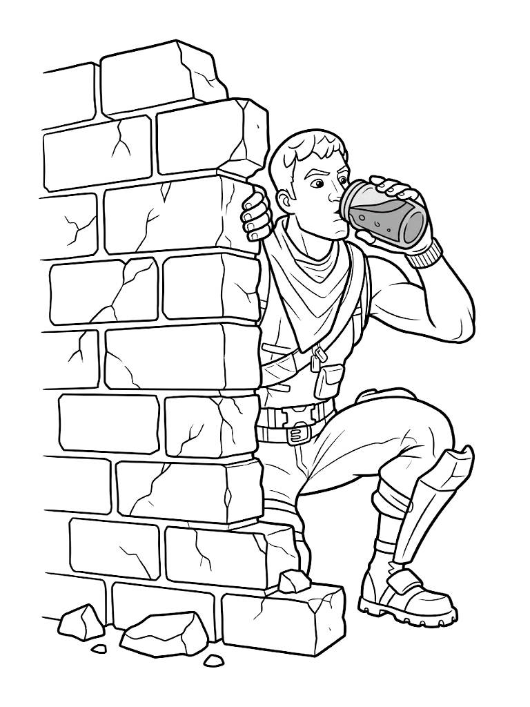 Detailed Fortnite Character Hiding Behind A Ruined Brick Wall While Drinking From A Glowing Blue Slurp Juice Glass Jar coloring page — free printable for kids and adults