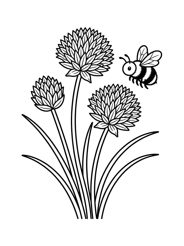 Detailed Illustration Of A Flowering Chive Plant With Its Purple Globe Flowers And A Bumblebee Hovering Nearby Coloring Page