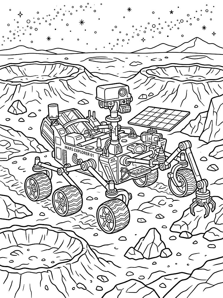 Detailed Illustration Of A High-Tech Mars Rover Exploring The Rocky Alien Landscape Surrounded By Deep Craters And Stardust coloring page — free printable for kids and adults