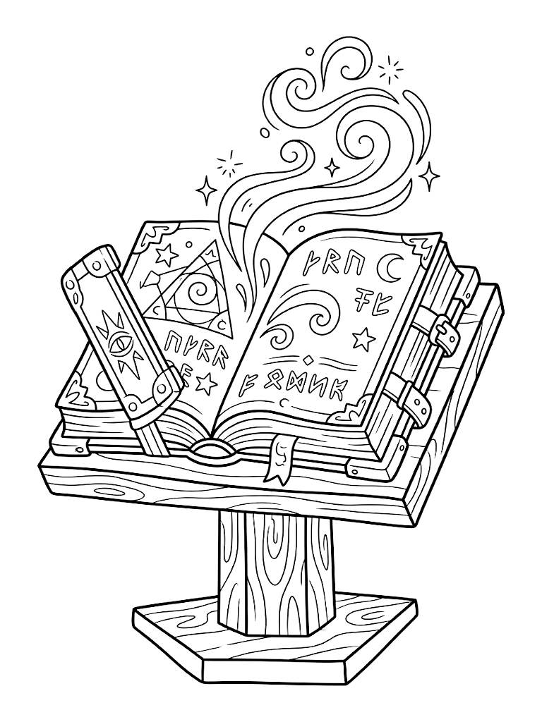 Detailed Illustration Of The Ancient Grimmerie Spellbook Resting On A Wooden Lectern With Green Magical Energy Swirling From Its Open Pages coloring page — free printable for kids and adults