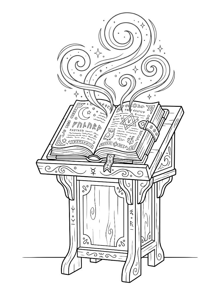 Detailed Illustration Of The Ancient Grimmerie Spellbook Resting On A Wooden Lectern With Green Magical Energy Swirling From Its Open Pages coloring page — free printable for kids and adults