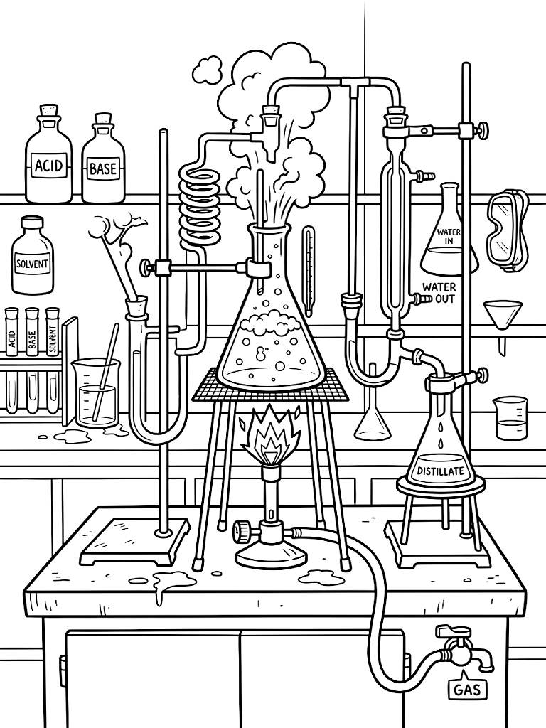 Detailed Laboratory Setup With Boiling Erlenmeyer Flasks Complex Glass Tubing And A Bunsen Burner Emitting A Fierce Geometric Flame coloring page — free printable for kids and adults