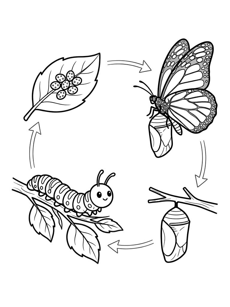 Detailed Life Cycle Diagram Of A Monarch Butterfly From Egg On A Leaf To Caterpillar coloring page — free printable for kids and adults