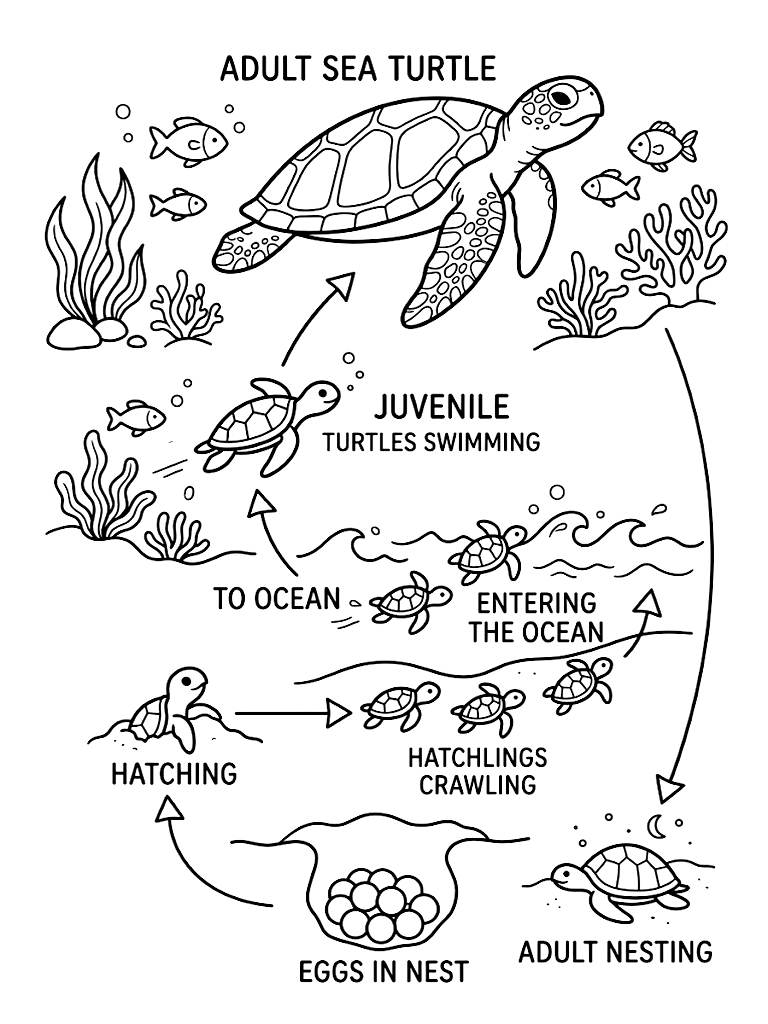 Detailed Life Cycle Diagram Of A Sea Turtle Starting From Eggs Buried In The Sand To A Hatchling Entering The Ocean To A Fully Grown Adult Coloring Page