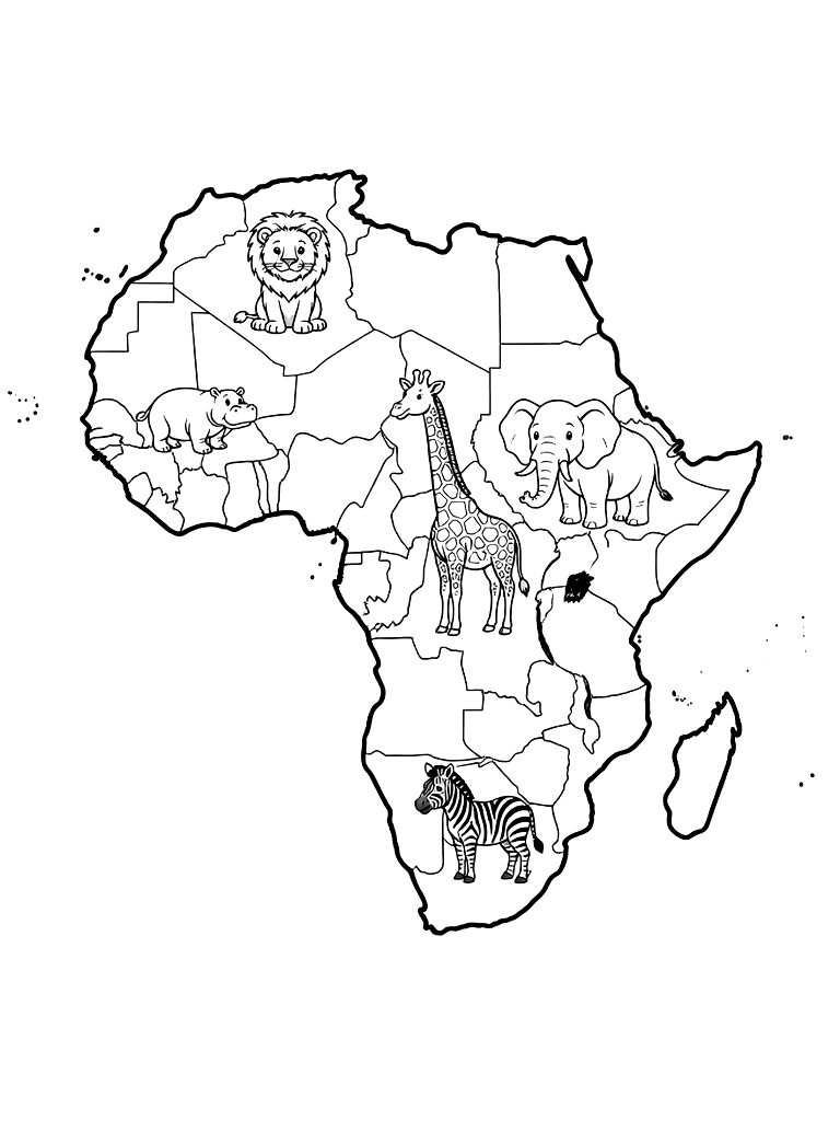 Detailed Map Of Africa Featuring Indigenous Animals Like Giraffes And Lions In Their Respective Regions coloring page — free printable for kids and adults