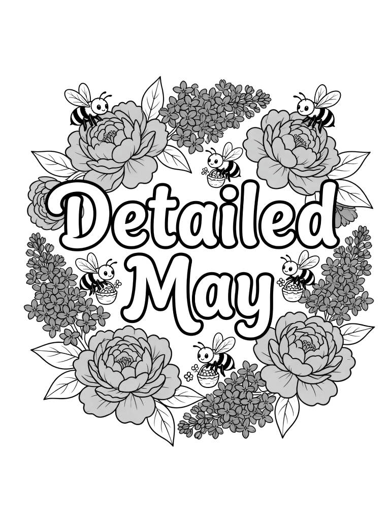 Detailed May Typography Framed By A Lush Garland Of Blooming Pink Peonies coloring page — free printable for kids and adults