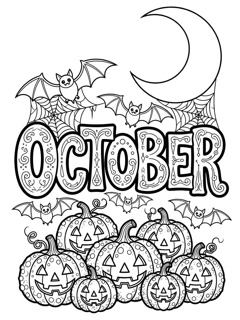 Detailed October Typography Decorated With Flying Bats Coloring Page