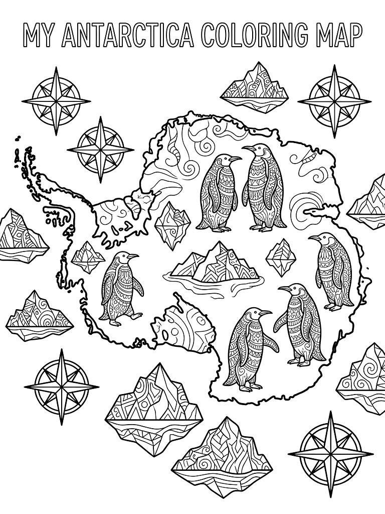 Detailed Outline Map Of Antarctica Decorated With Highly Patterned Emperor Penguins Intricate Icebergs And Compass Roses coloring page — free printable for kids and adults