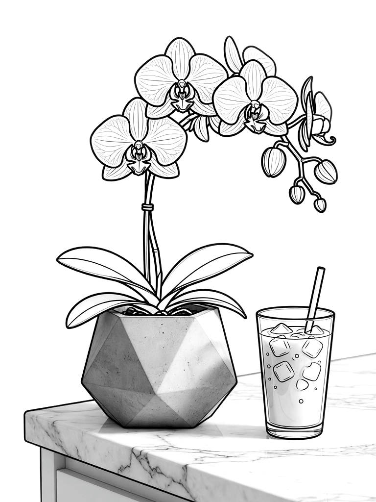 Detailed Phalaenopsis Orchid In A Modern Concrete Geometric Planter Sitting On A Sun-drenched Marble Kitchen Counter Next To A Cup Of Iced Coffee Coloring Page