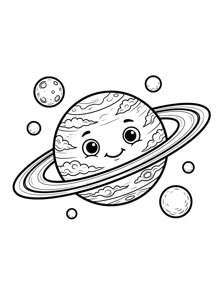 Detailed Saturn With Its Rings And Several Surrounding Moons Coloring Page — free printable for kids and adults