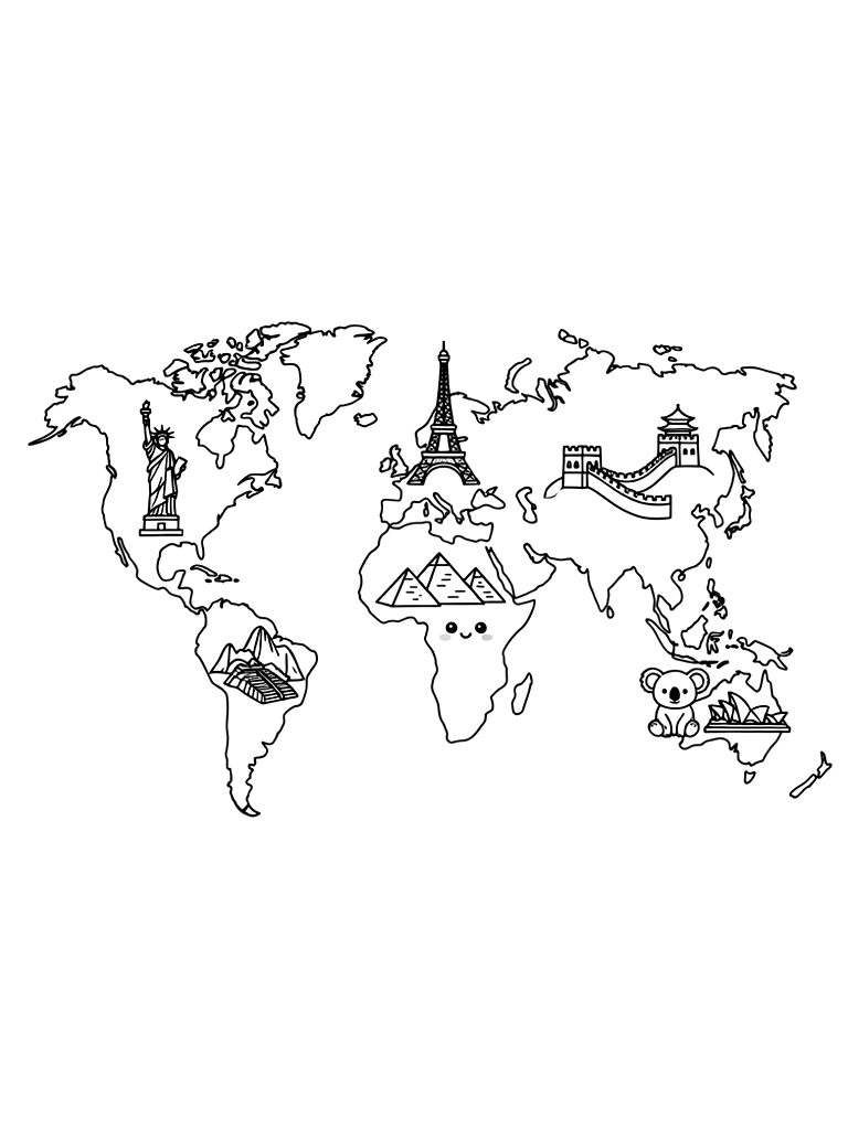 Detailed Simplified World Map Showing The Continents With Cute Illustrations Of Local Landmark Icons Like The Eiffel Tower And Pyramids coloring page — free printable for kids and adults