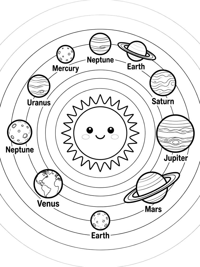 Detailed Solar System Diagram Showing The Eight Major Planets In Order Orbiting A Giant Glowing Sun With Clear Name Labels coloring page — free printable for kids and adults