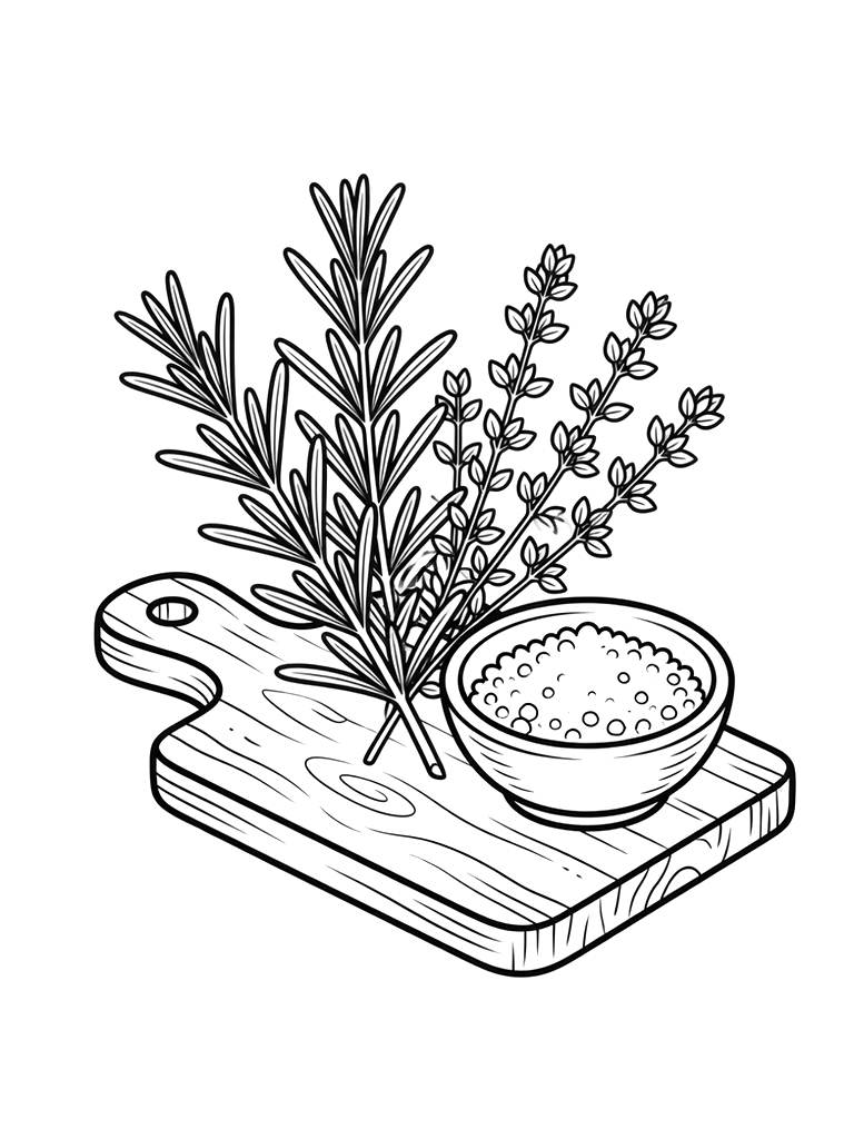 Detailed Sprig Of Fresh Rosemary And Sweet Thyme Resting Next To A Rustic Wooden Cutting Board And A Bowl Of Sea Salt Coloring Page
