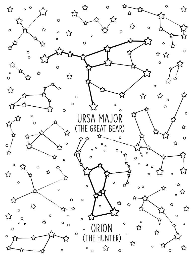 Detailed Star Chart Of The Night Sky Highlighting The Ursa Major And Orion Constellations With Intricate Connecting Lines And Glowing Stars coloring page — free printable for kids and adults