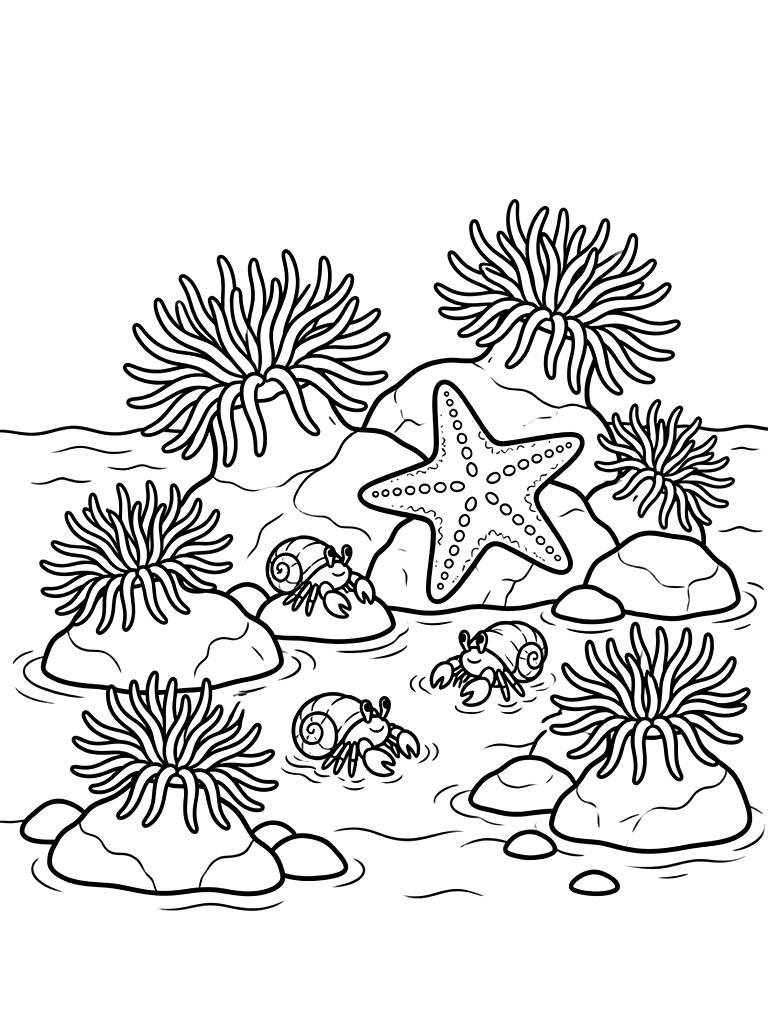 Detailed Tide Pool Scene Filled With Vibrant Sea Anemones coloring page — free printable for kids and adults