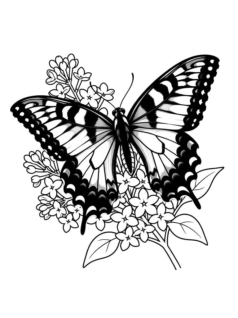 Detailed Tiger Swallowtail Butterfly Resting On A Blooming Lilac Bush Coloring Page