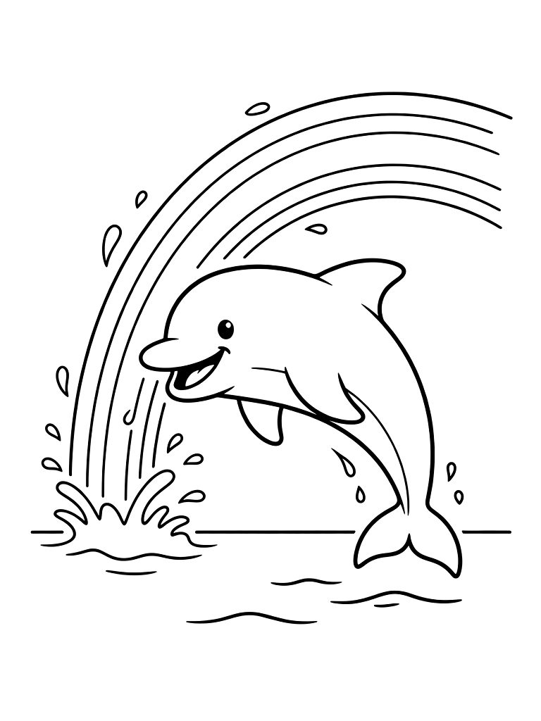 Dolphin Leaping Through A Rainbow Created By Ocean Spray At Sunset Coloring Page