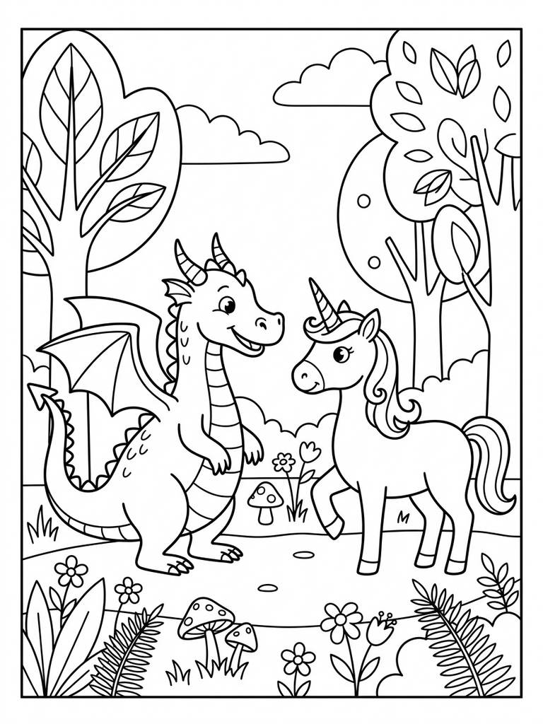 Dragon And Unicorn Together / Enchanted Forest Meeting Coloring Page