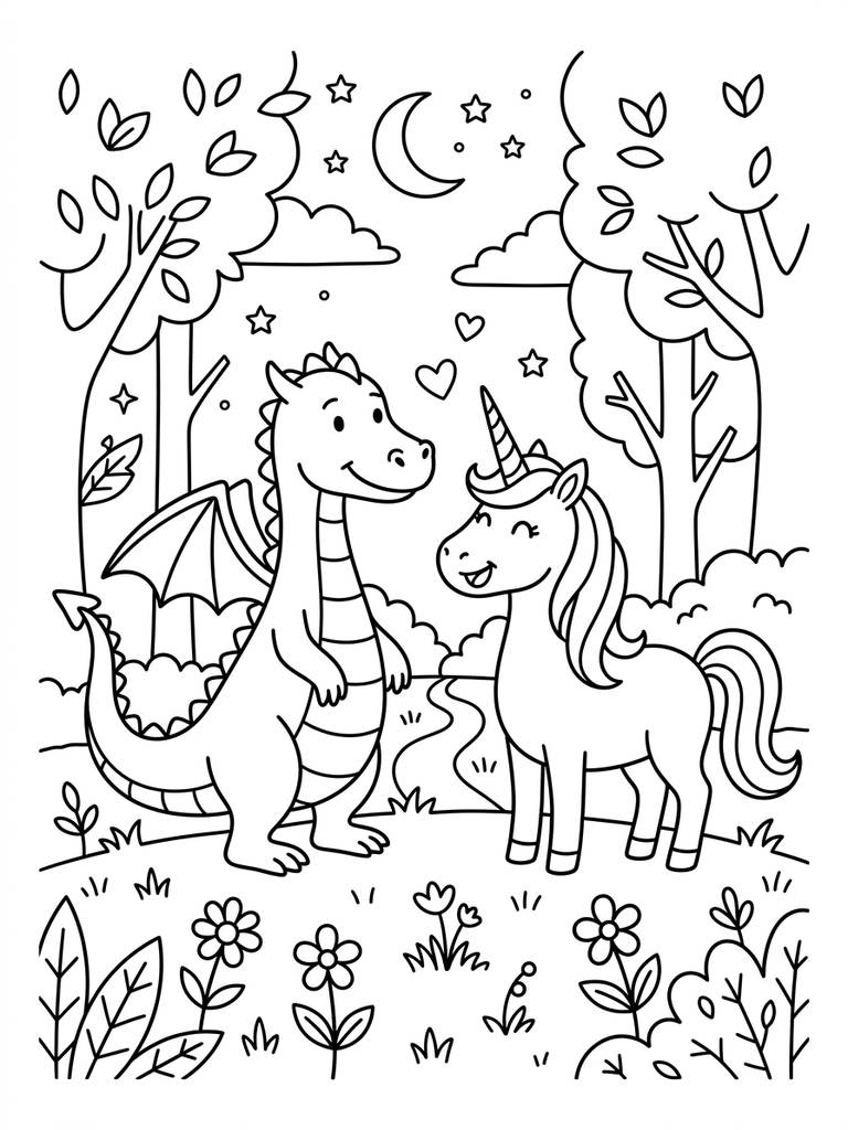 Dragon And Unicorn Together / Enchanted Forest Meeting Coloring Page