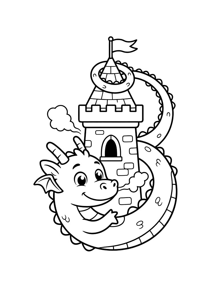 Dragon Curled Around A Medieval Tower With Its Tail Wrapped Around The Spire And Smoke From Its Nostrils Coloring Page