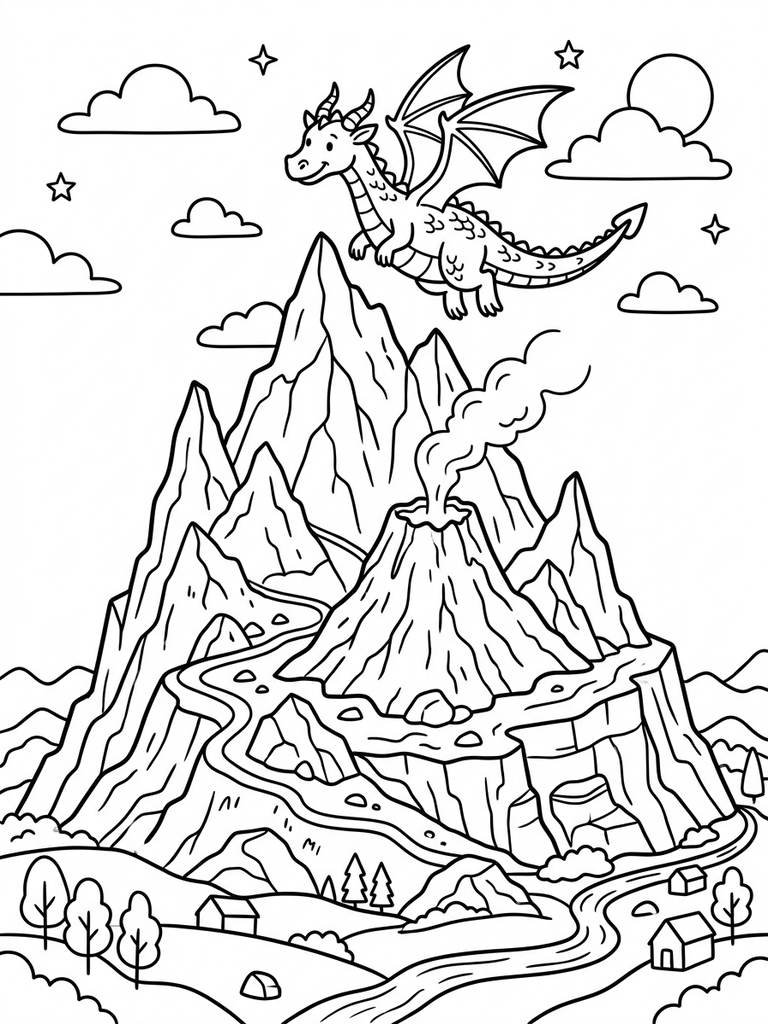 Dragon Mountain / Volcanic Or Misty Peak With Dragon Coloring Page