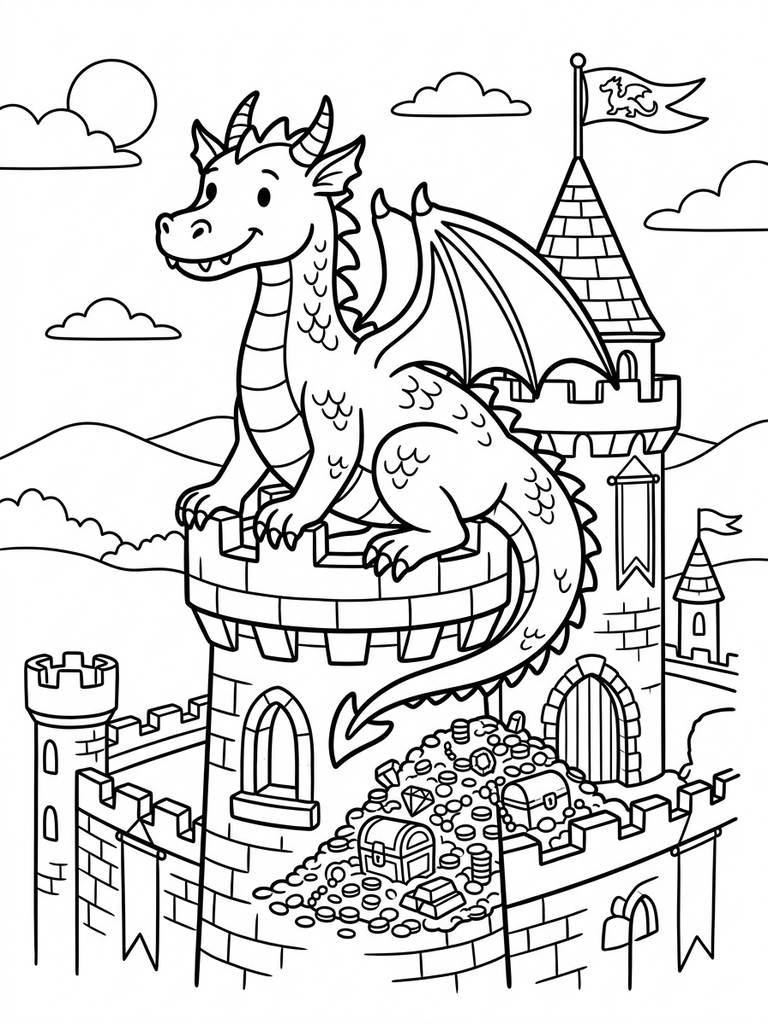 Dragon With Castle / Guarding Treasure Or Perched On Tower Coloring Page