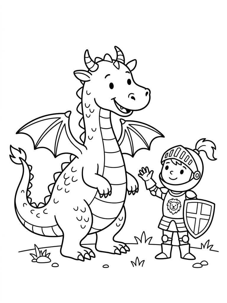 Dragon With Knight / Friendly Or Battle Scene Coloring Page